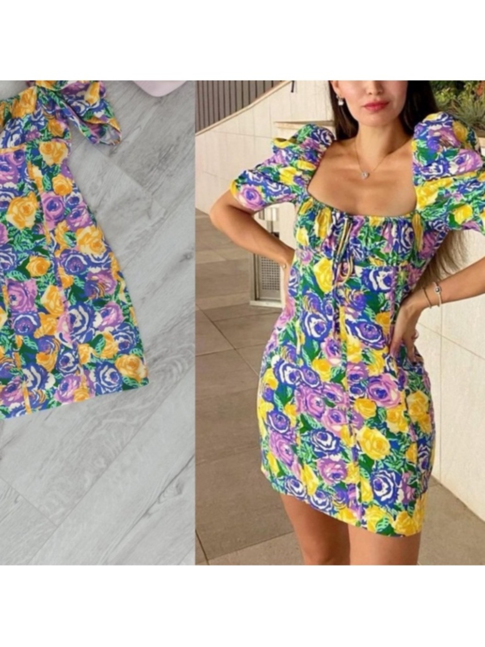 ZARA floral print corset style dress with puff sleeves - Picture 5 of 11